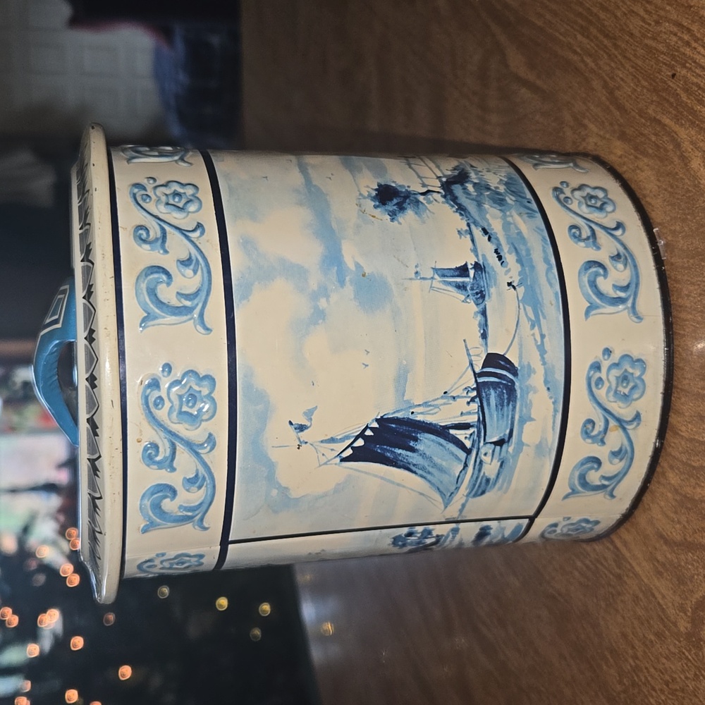 Vintage Made in Western Germany Embossed Tin Delft Blue White Windmills Sailboat